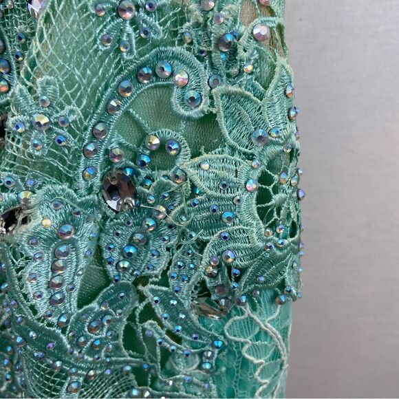 Mint Green and Silver Lace Mac Duggar Floor Length Prom Gown Size 12 - Picture 14 of 16